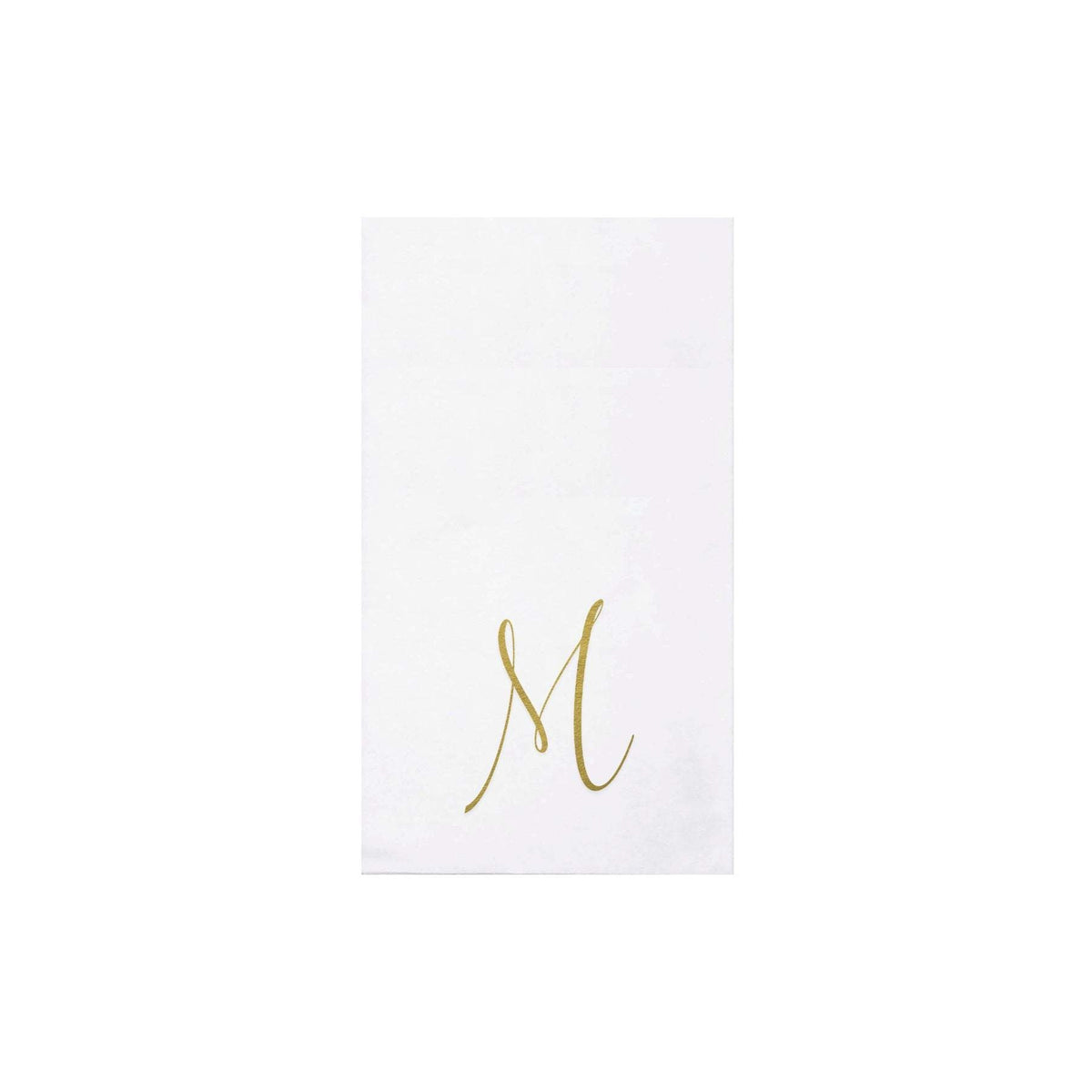 Folded gold monogram guest towels made from absorbent spunlace material.
