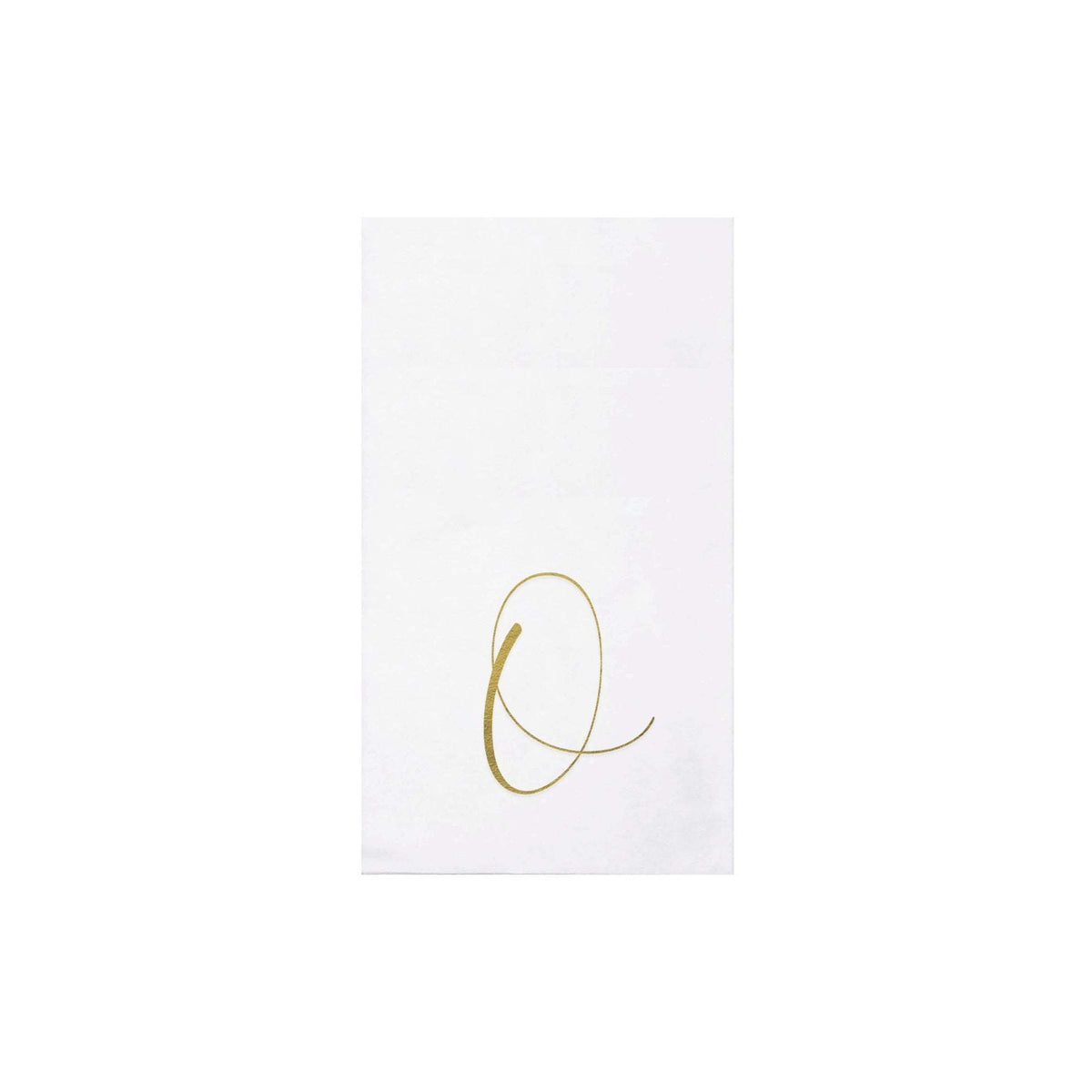 Folded gold monogram guest towels made from absorbent spunlace material.