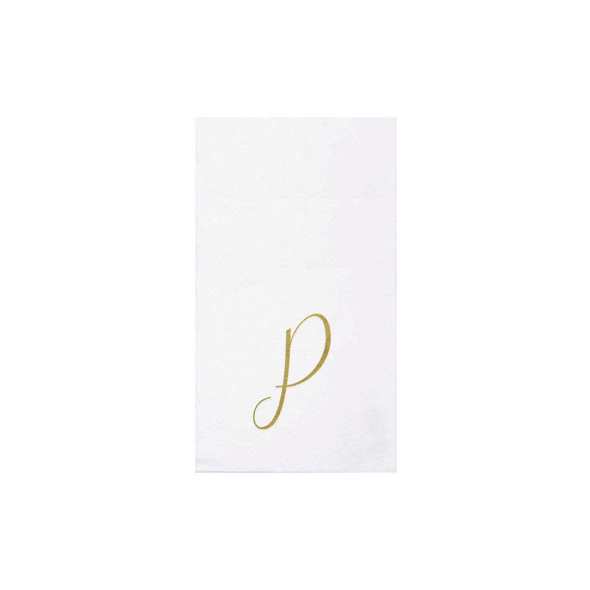 Gold monogrammed folded guest towels made from spunlace paper material.