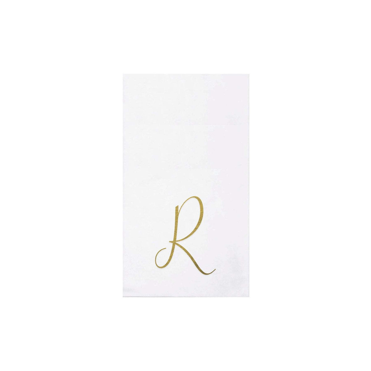 Folded gold monogram guest towels made from absorbent spunlace material.