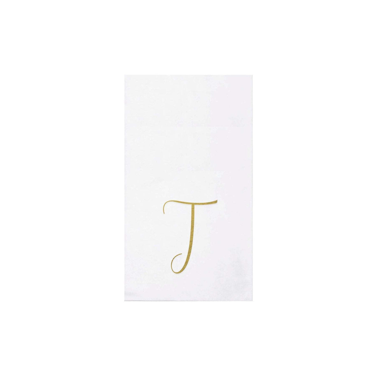 Folded gold monogram guest towels made from absorbent spunlace material.