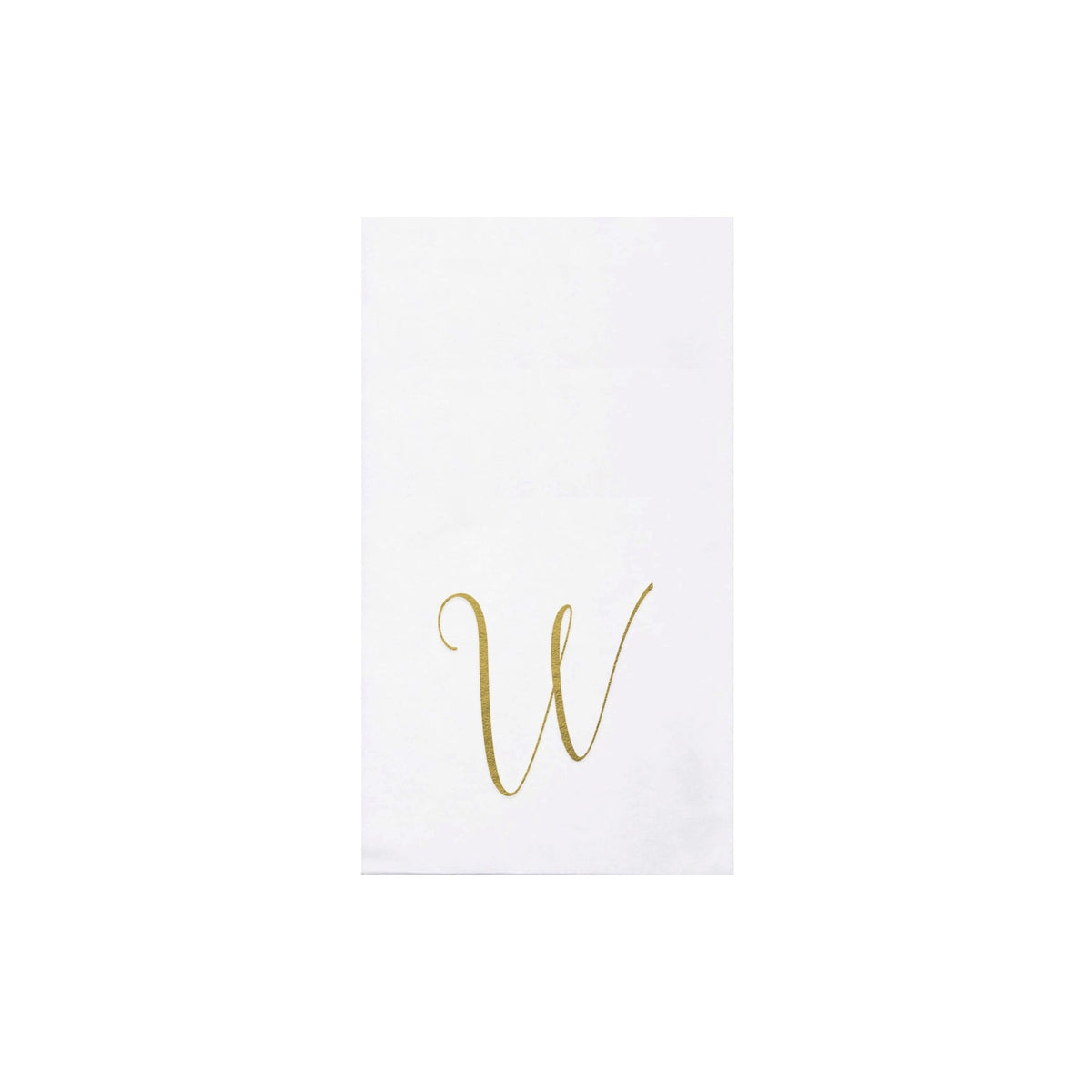 Folded gold monogram guest towels made from absorbent spunlace material.