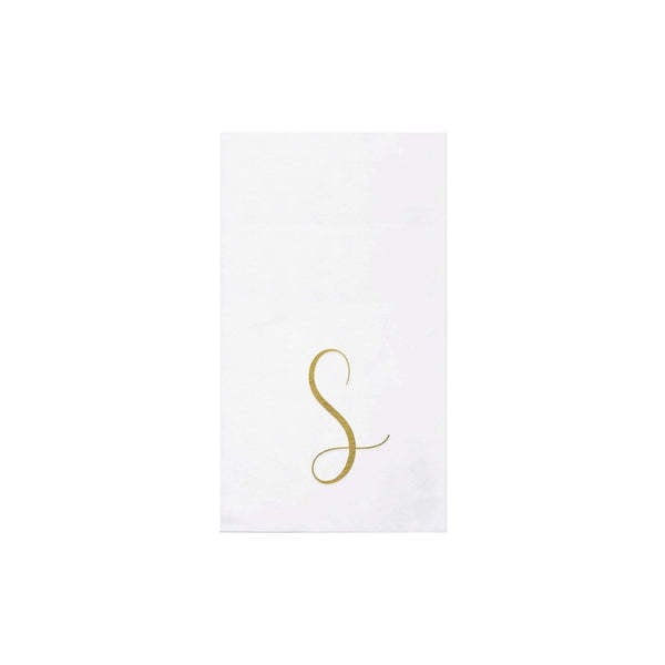 Folded gold monogram guest towels made from spunlace paper material.