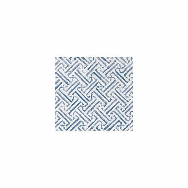 Pack of blue Greek key patterned spunlace cocktail napkins folded into squares.
