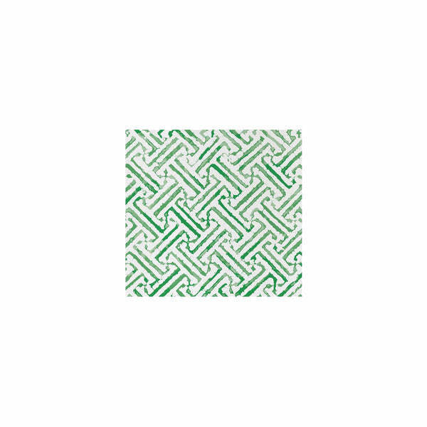 Pack of green Greek key patterned spunlace cocktail napkins folded.