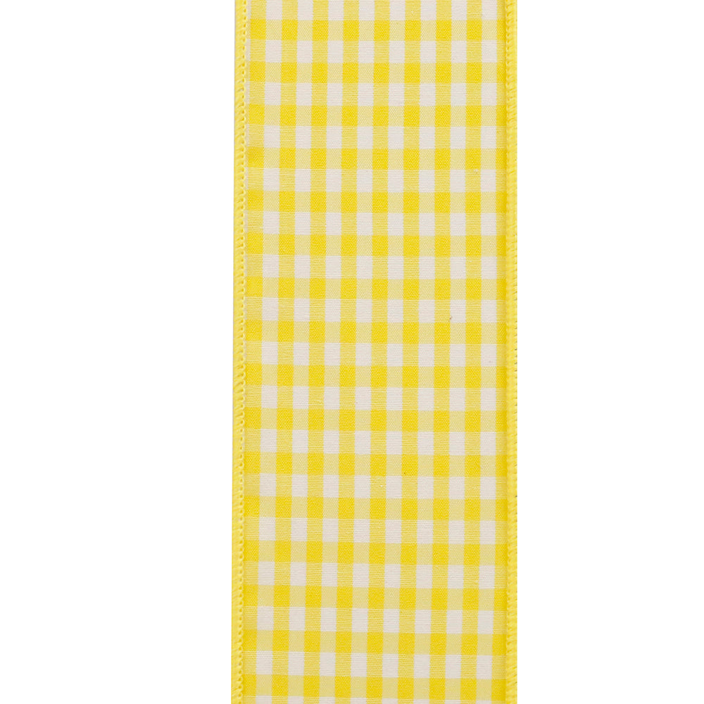 Gingham check wired edge trim in lemon yellow with a two-and-a-half-inch width.