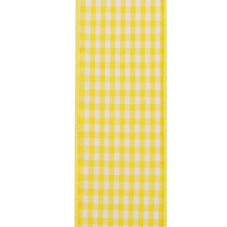 Gingham check wired edge trim in lemon yellow with a two-and-a-half-inch width.
