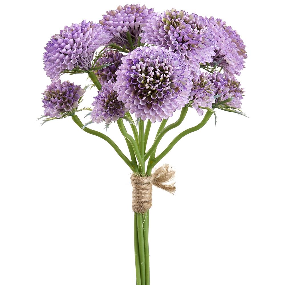 Bundle of artificial pompon dahlia flowers in pink plastic with wire stems.