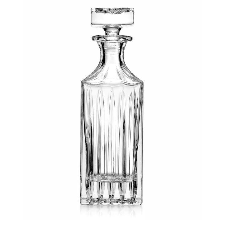 Clear crystal whiskey decanter with multifaceted vaulted cut-glass design