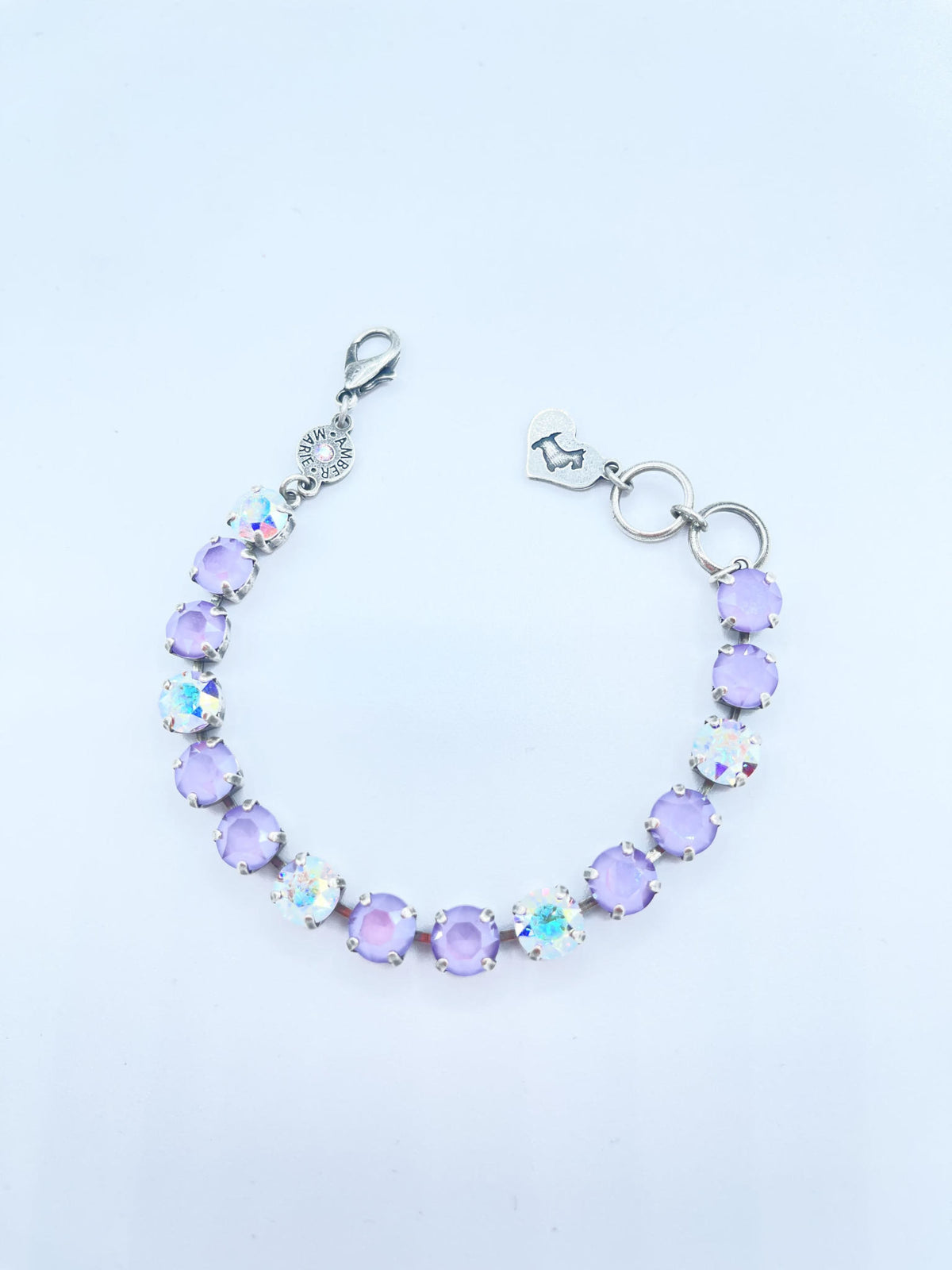 Classic Paris bracelet in lavender, lilac, white, and light green stones with an amber tag heart charm.