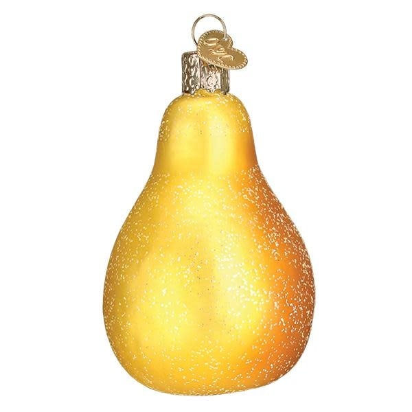 Back view of a Partridge in a Pear tree ornament with green pear silhouette.