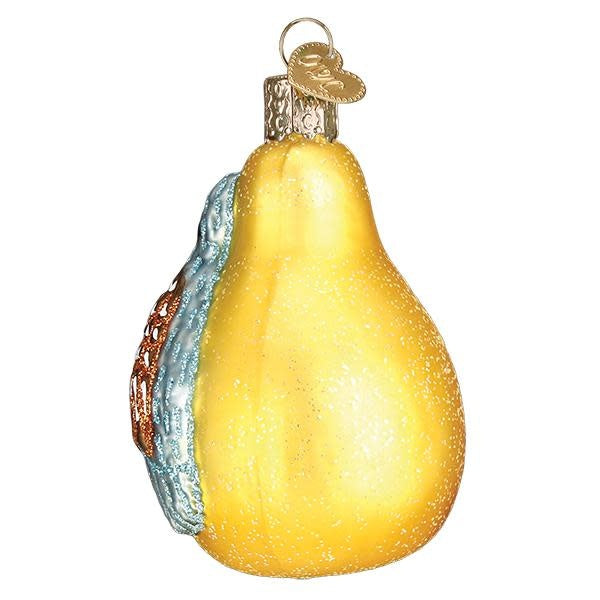 Side view of a Partridge in a Pear tree ornament with green pear branch silhouette and brown partridge figure.