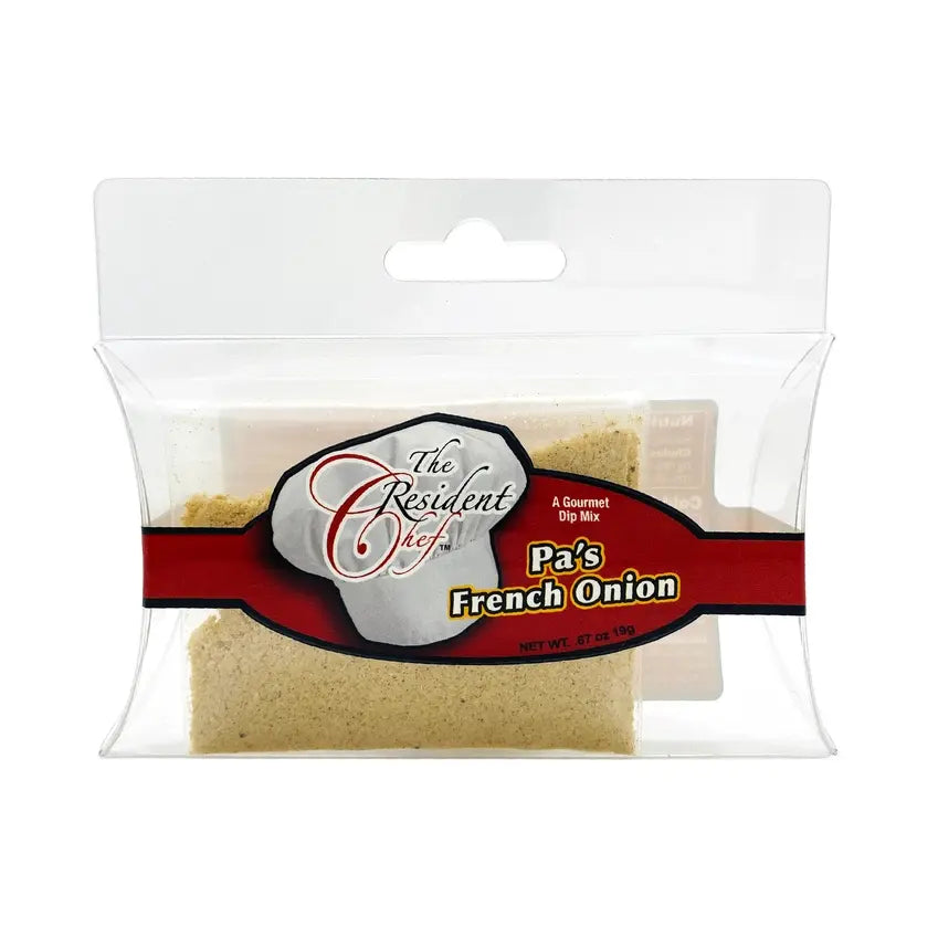 Bag of Pa's French Onion dip mix with visible seasoning ingredients.