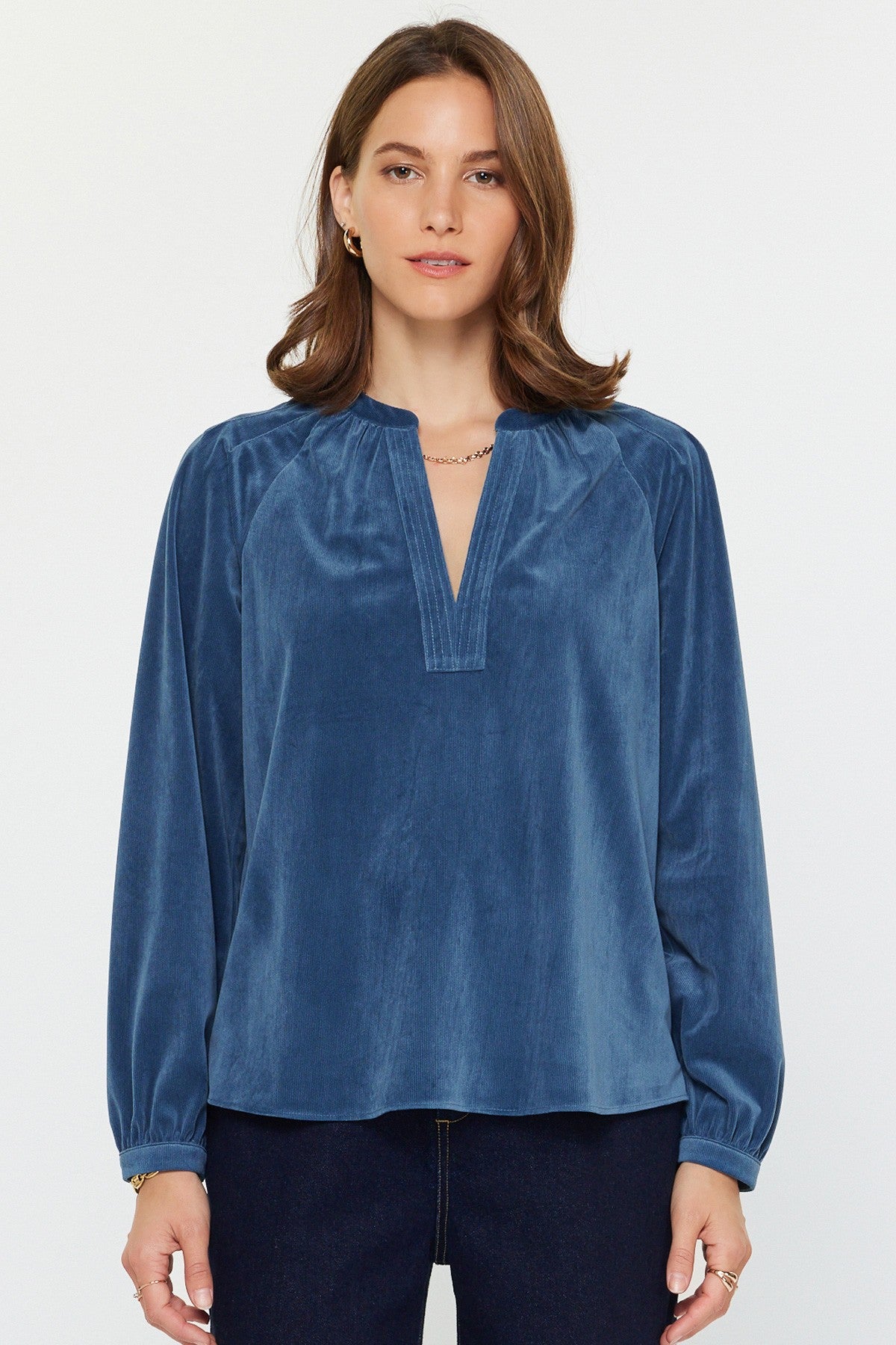 Abigail Fine corduroy long sleeve top in beige with split neck placket and shoulder pleats