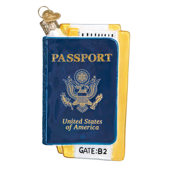 Passport ornament shaped like a passport with gold foil stamping on the cover.
