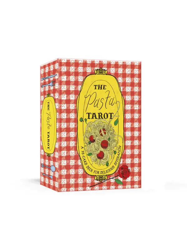 The Pasta Tarot deck featuring a baked ziti illustration on the box cover.