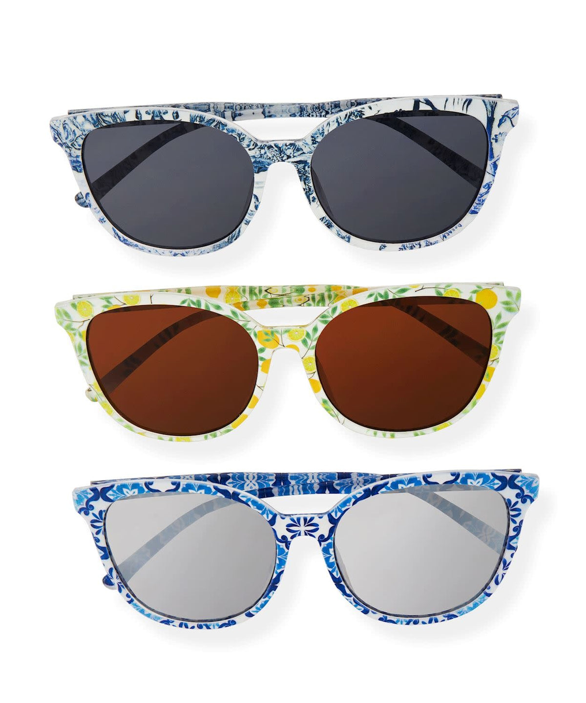 Patterned sunglasses with a colored frame in an Italian Riviera style, including black hard case and microfiber cloth.