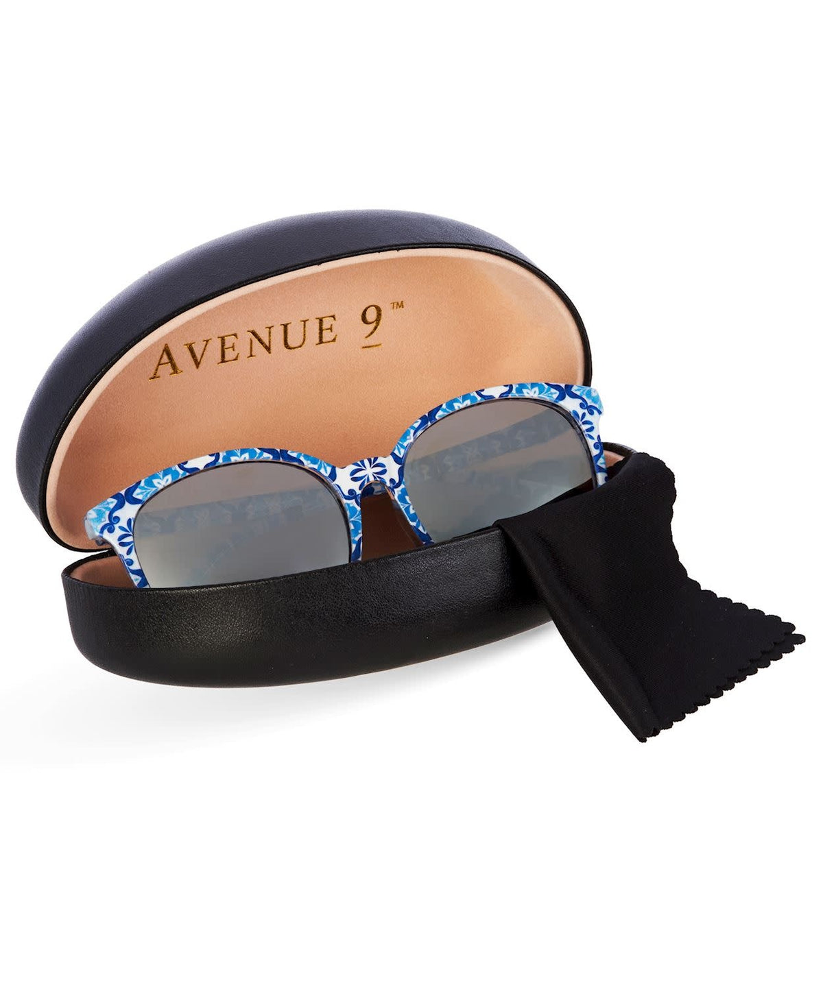 Patterned sunglasses with a colored frame in an Italian Riviera style, black hard case, and microfiber cloth.