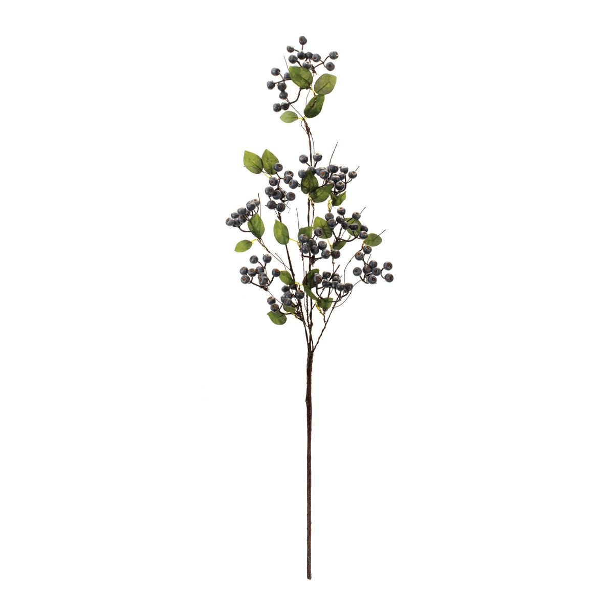 35-inch artificial berry spray with dark blue berry clusters and green leaves on a brown stem.