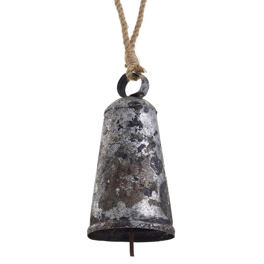 Silver antique bell ornament with jute accents on a silver background