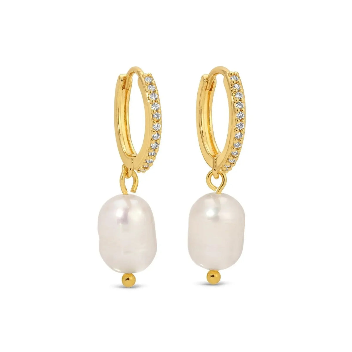Gold-plated huggie earrings with cubic zirconia pave and a fresh water pearl drop