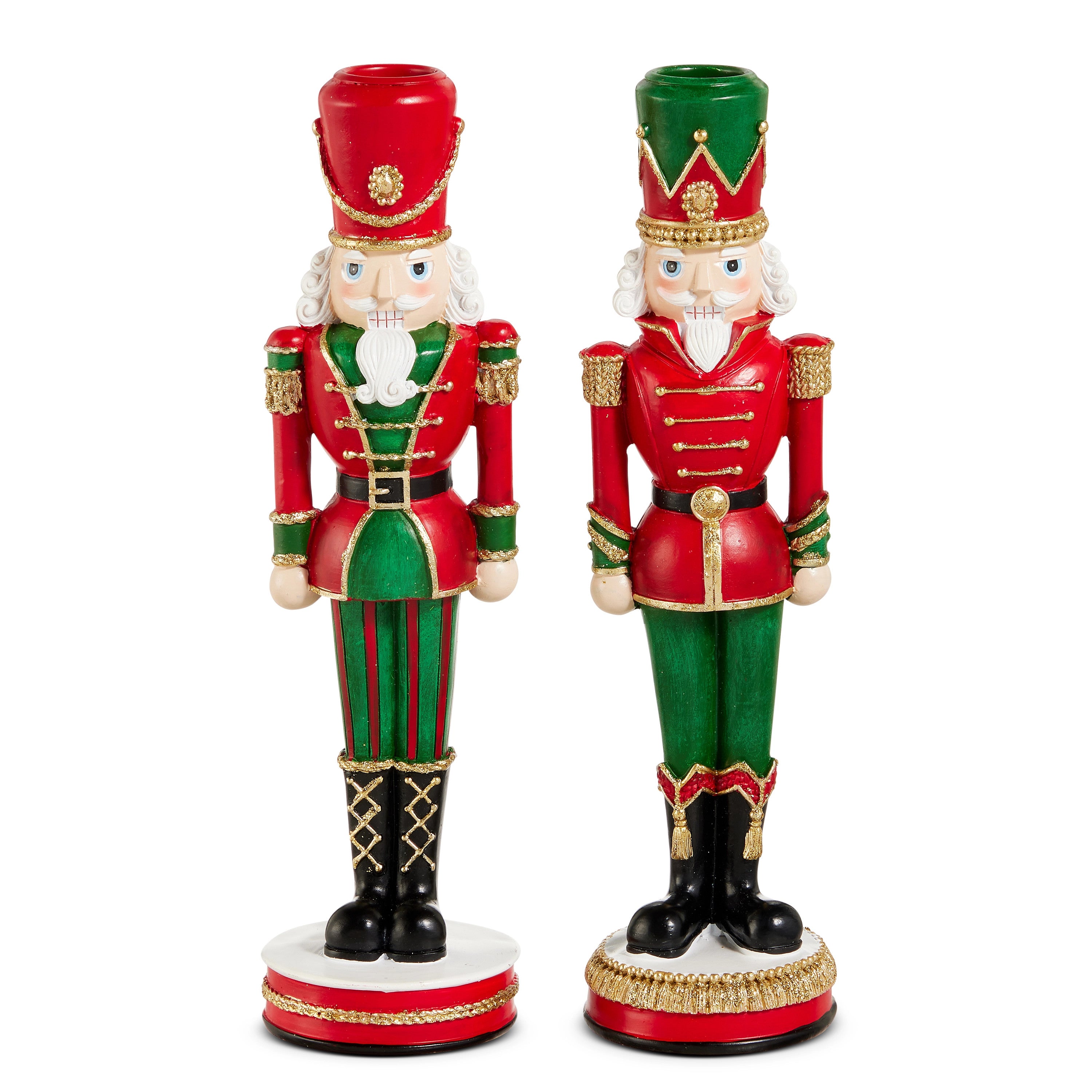 Two 10-inch red and green resin nutcracker candlesticks with festive gold details.