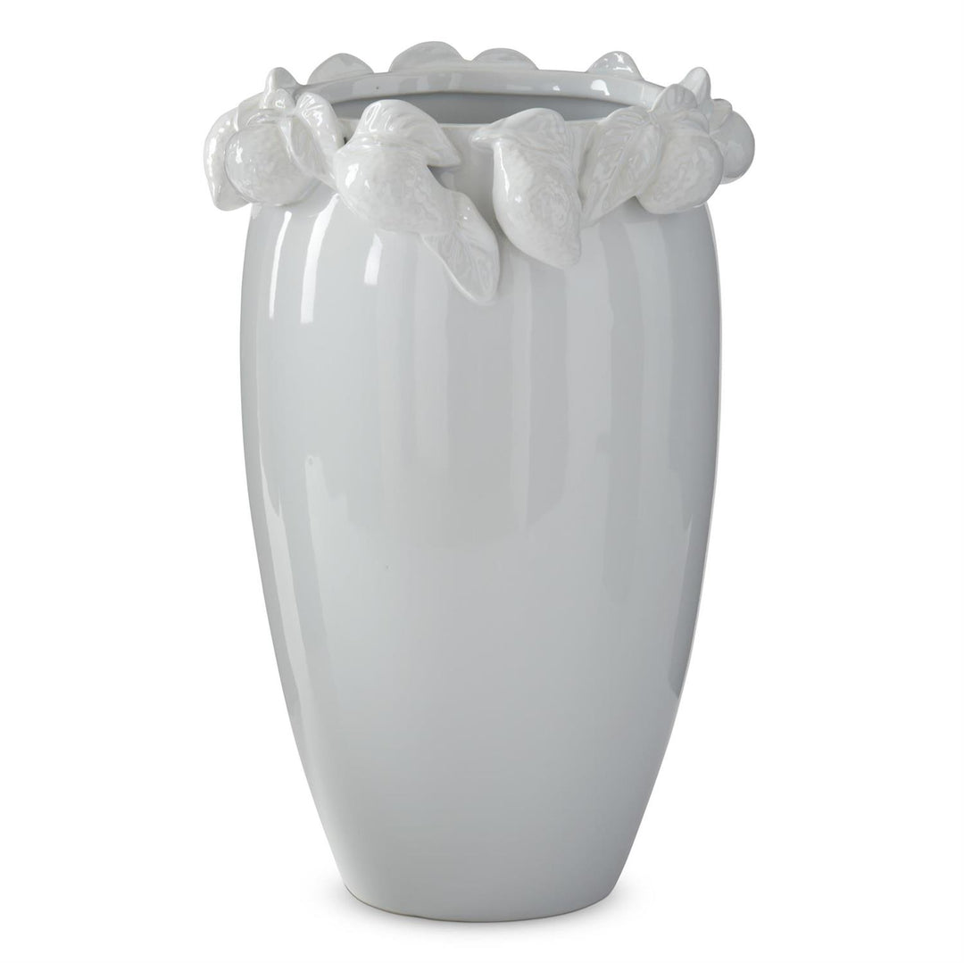 White ceramic vase with a lemon-shaped rim accent