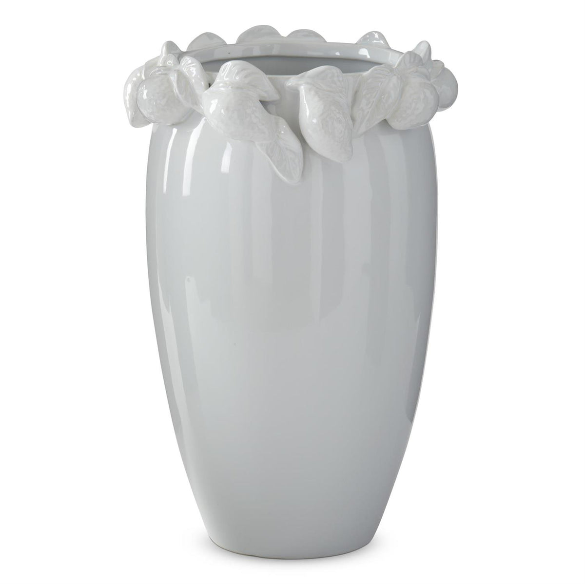 White ceramic vase with a lemon-shaped rim accent