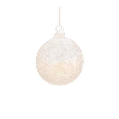 A round, frosted white glass ornament with a textured finish hanging from a thin silver wire.