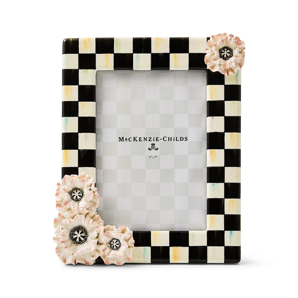 Hand-painted resin frame with glass insert featuring Courtly Check pattern and dimensional blush poppy floral accents.