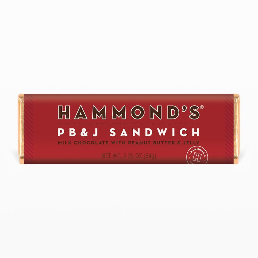 Milk chocolate bar with peanut butter and jelly sandwich filling