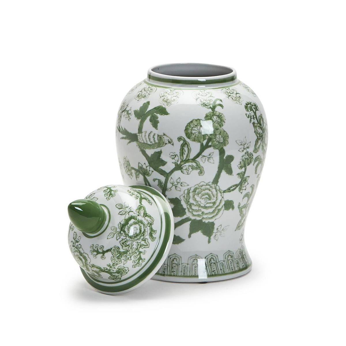 18-inch green and white hand-painted floral ceramic temple jar with a removable lid.