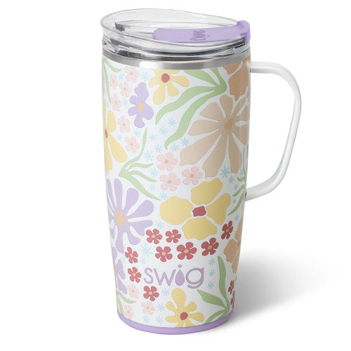 Silver stainless steel travel mug with a slim metal handle and large lid featuring a removable slider.