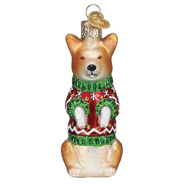 Christmas Corgi ornament featuring a red dog silhouette with white accents on a gold metallic finish.