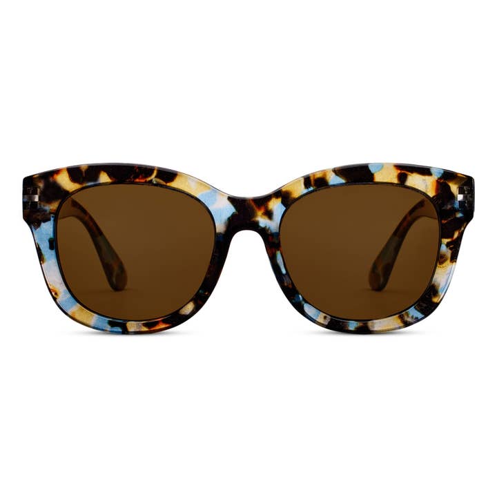 Center Stage Bifocal Sun glasses with blue and brown tortoise frames and brown lenses.