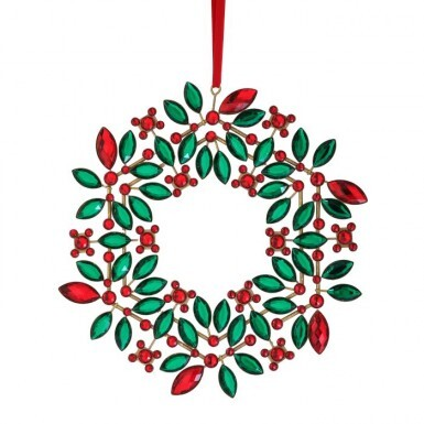 9.5-inch jeweled holly wreath ornament with red and green gems and a red hanging ribbon.