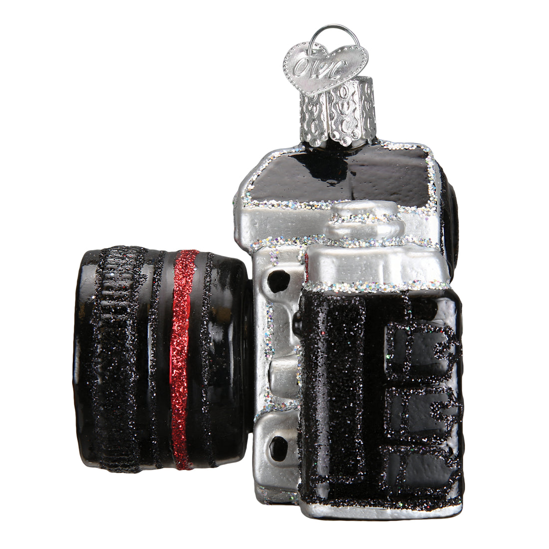 Black and silver glass camera Christmas ornament with a red glitter stripe on the lens.