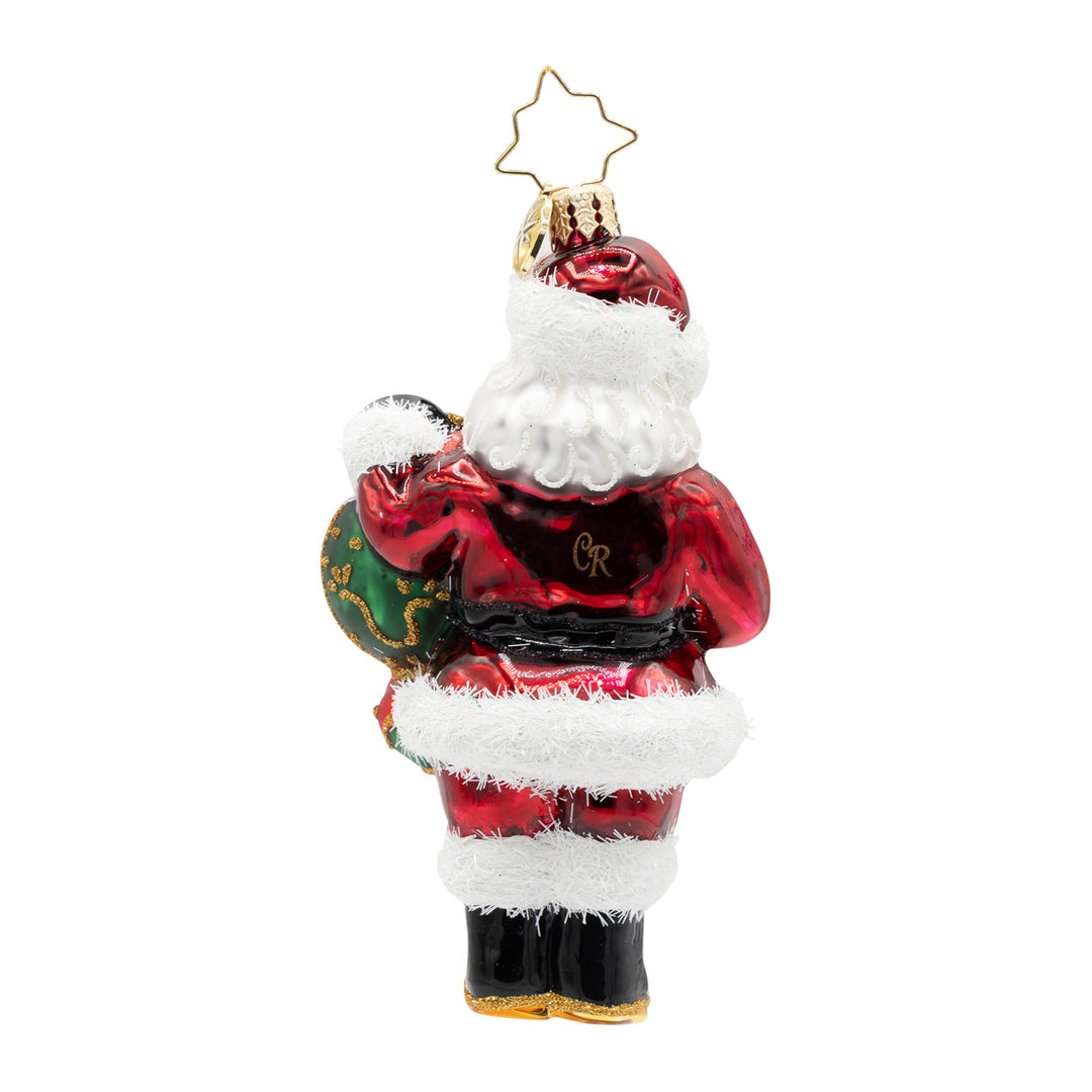 Back view of The Merry Bauble Santa glass ornament featuring a red suit with white glitter trim.