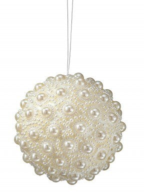 4-inch white pearl ball ornament with varying sizes of faux pearls and a thin hanging string.