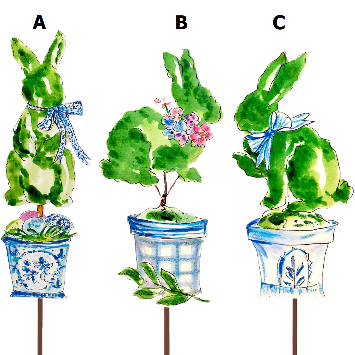 Beck's Boxwood rabbit figurine in blue pot with easel stand
