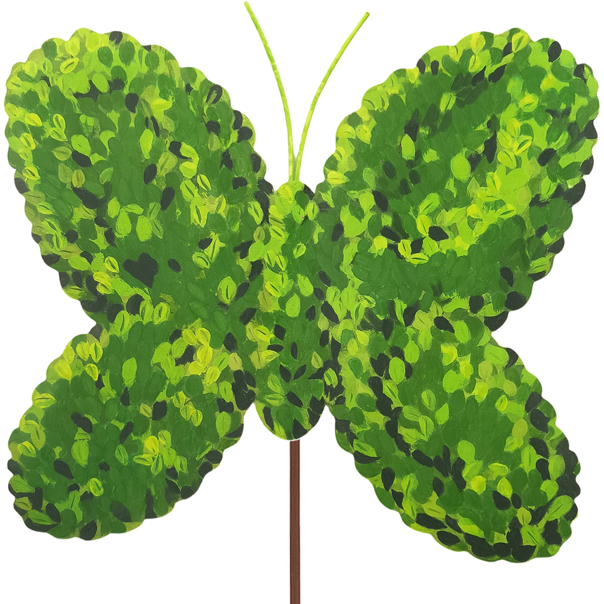 Stakeable boxwood butterfly with natural green foliage on a square frame.