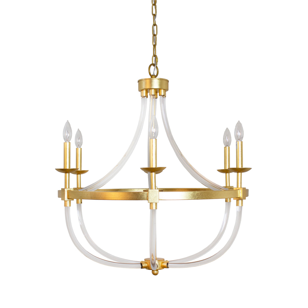 Gold chandelier with clear acrylic arms and candle-style bulbs.