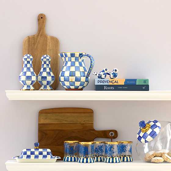 Glass jar with hand-glazed steel lid featuring Royal Check blue pattern, brass bobeche rim, and glass finial.