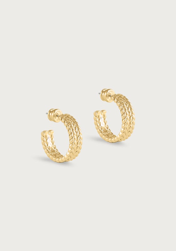 Pair of 18K gold plated Cheval Braided Hoops featuring a textured, sculptural braided rein motif.