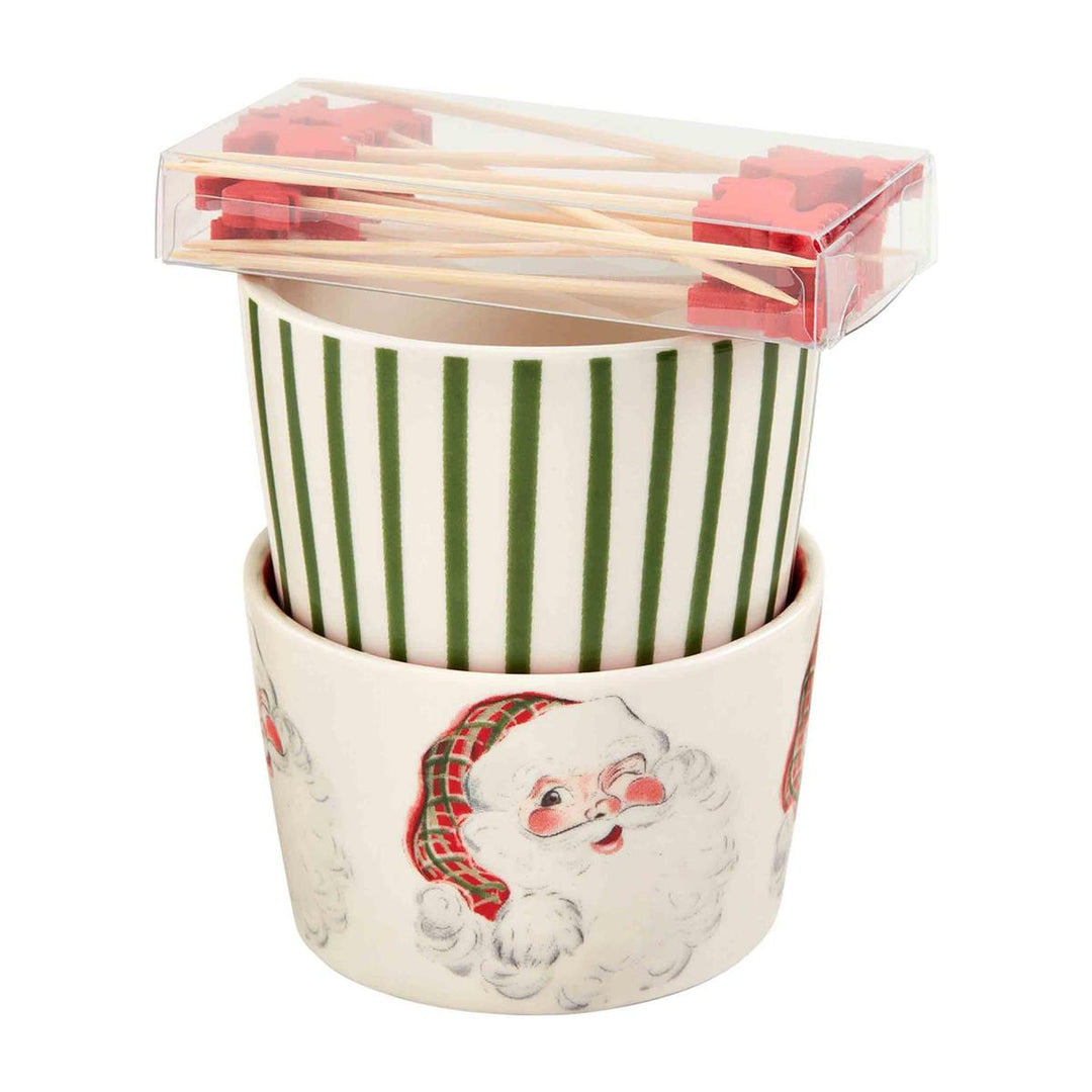 Vintage-style dolomite ramekin with toothpick in red Christmas pattern