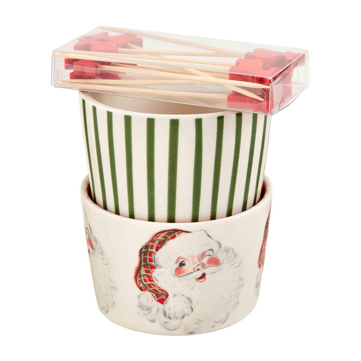 Vintage-style dolomite ramekin with toothpick in red Christmas pattern