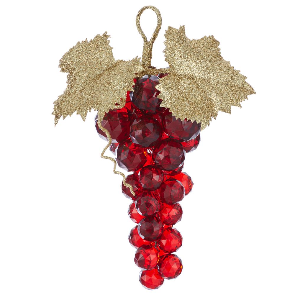 Red faceted bead grape ornament with gold glitter leaves and a hanging loop.