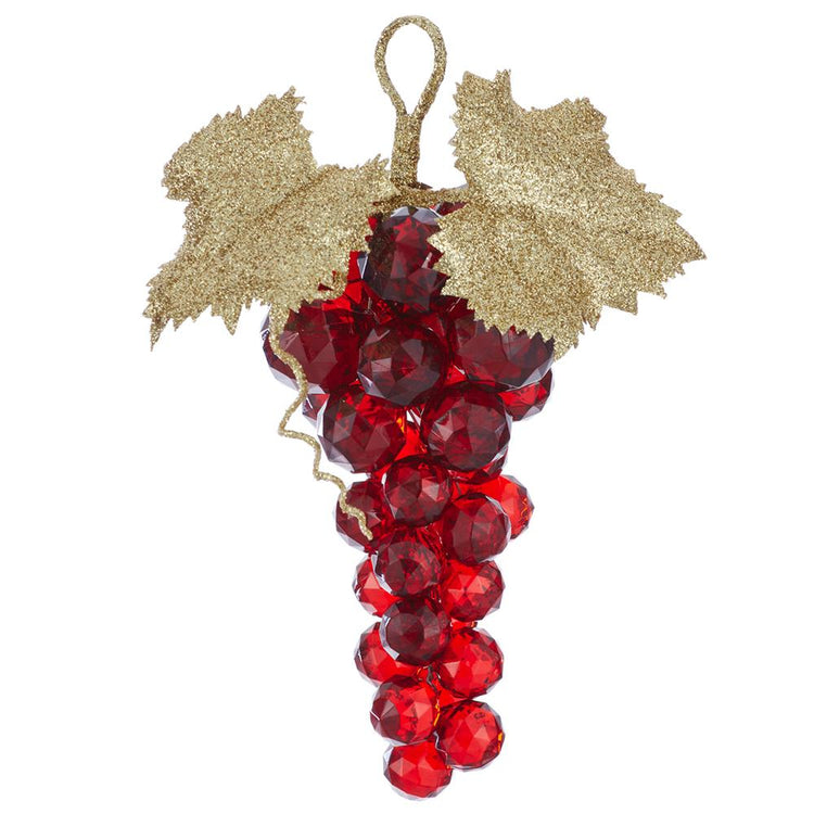 Red faceted bead grape ornament with gold glitter leaves and a hanging loop.