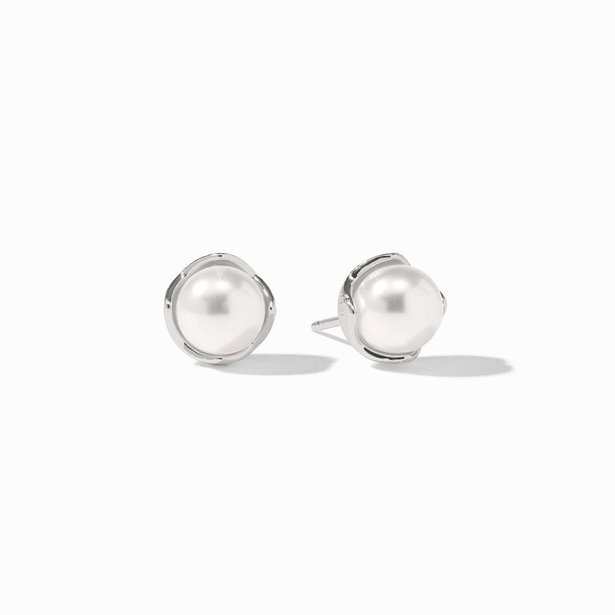 Penelope Stud Silver earrings featuring round glass pearls in a polished silver-plated setting.