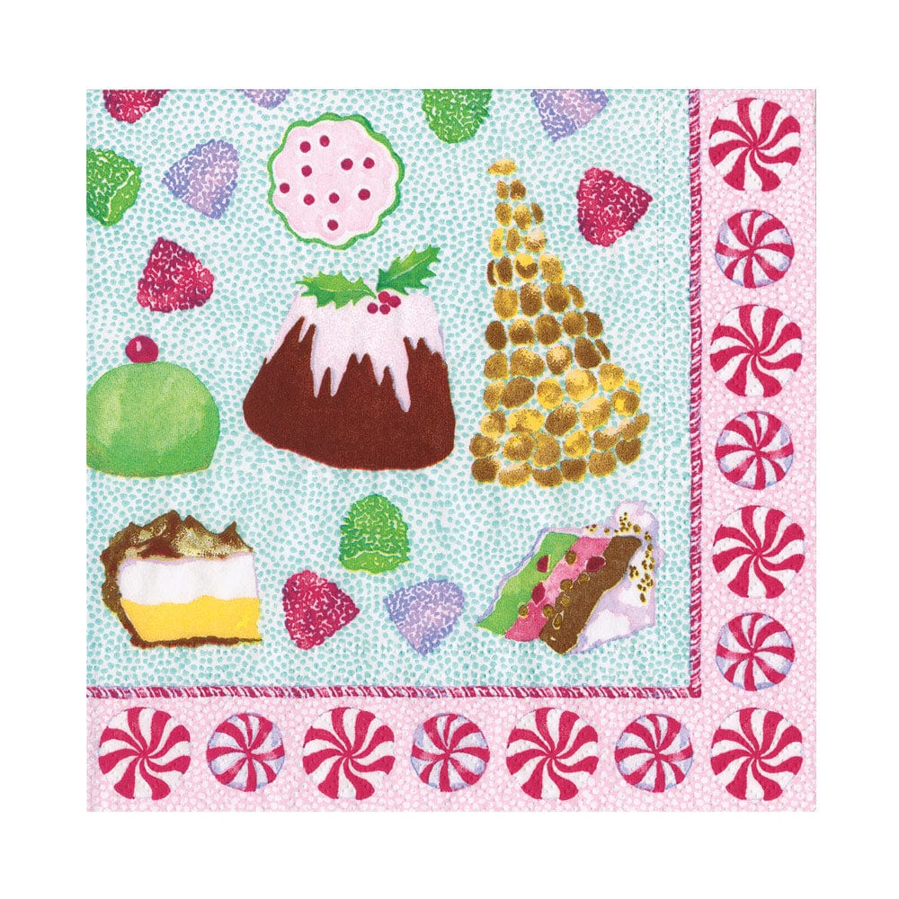 Sweets Luncheon Napkins featuring a festive pattern of cakes, cookies, and peppermint candies.